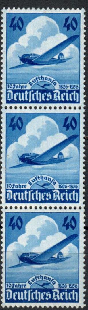 GERMANY 1936 10th Anniversary of Lufthansa Airways. Strip of 3. - 80458 - UHM image 0