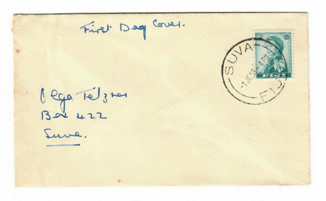 FIJI 1956 Elizabeth 2nd Definitive 1d Turquoise on first day cover. - 30546 - FDC image 0