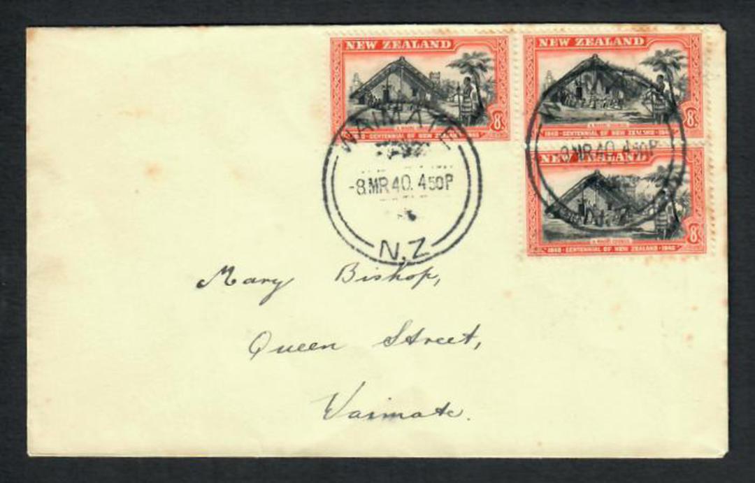 NEW ZEALAND 1940 Centennial 8d Maori Council. 3 stamps on first day cover. - 31435 - FDC image 0
