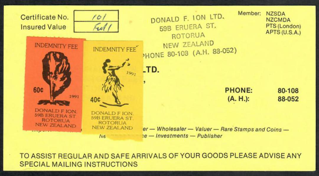 NEW ZEALAND 1991 Donald F Ion Indemnity Fee. Two labels on card. - 23823 - Cinderellas image 0