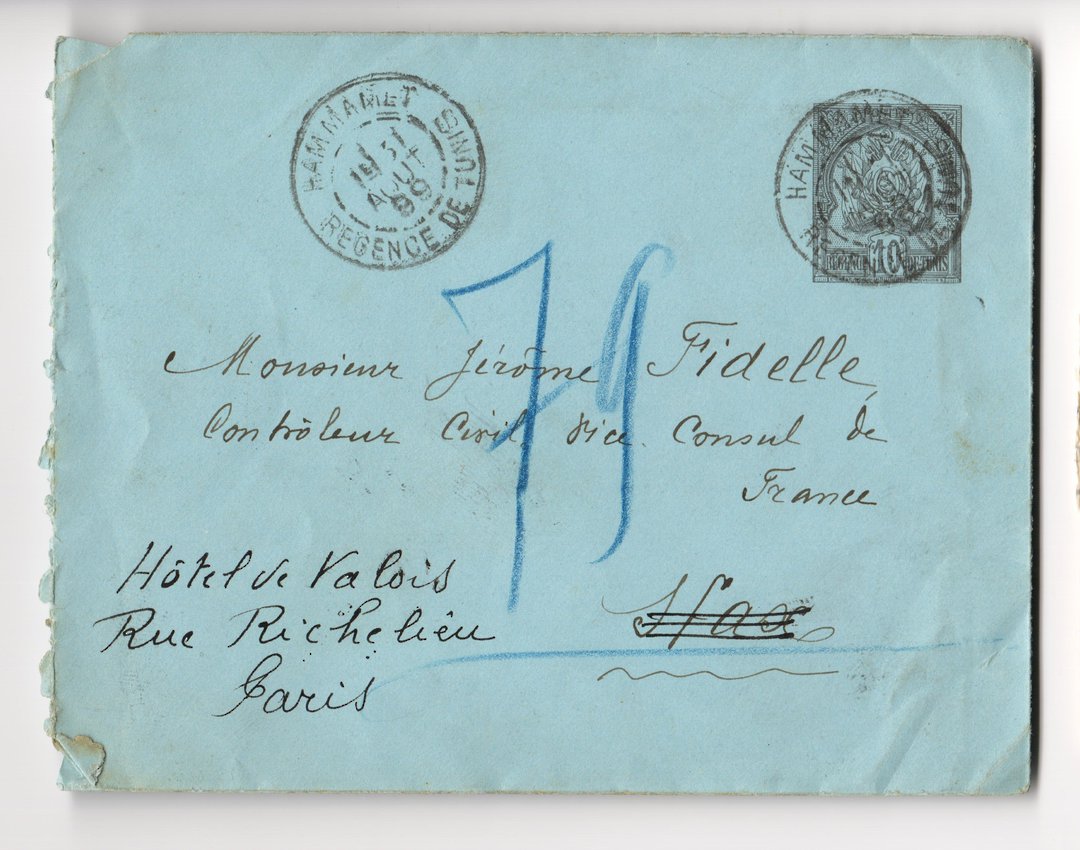 TUNISIA 1882 Postal Staionery 15c Blue sent from Tunis to Paris in 1899. Readdressed. - 38279 - PostalHist image 0