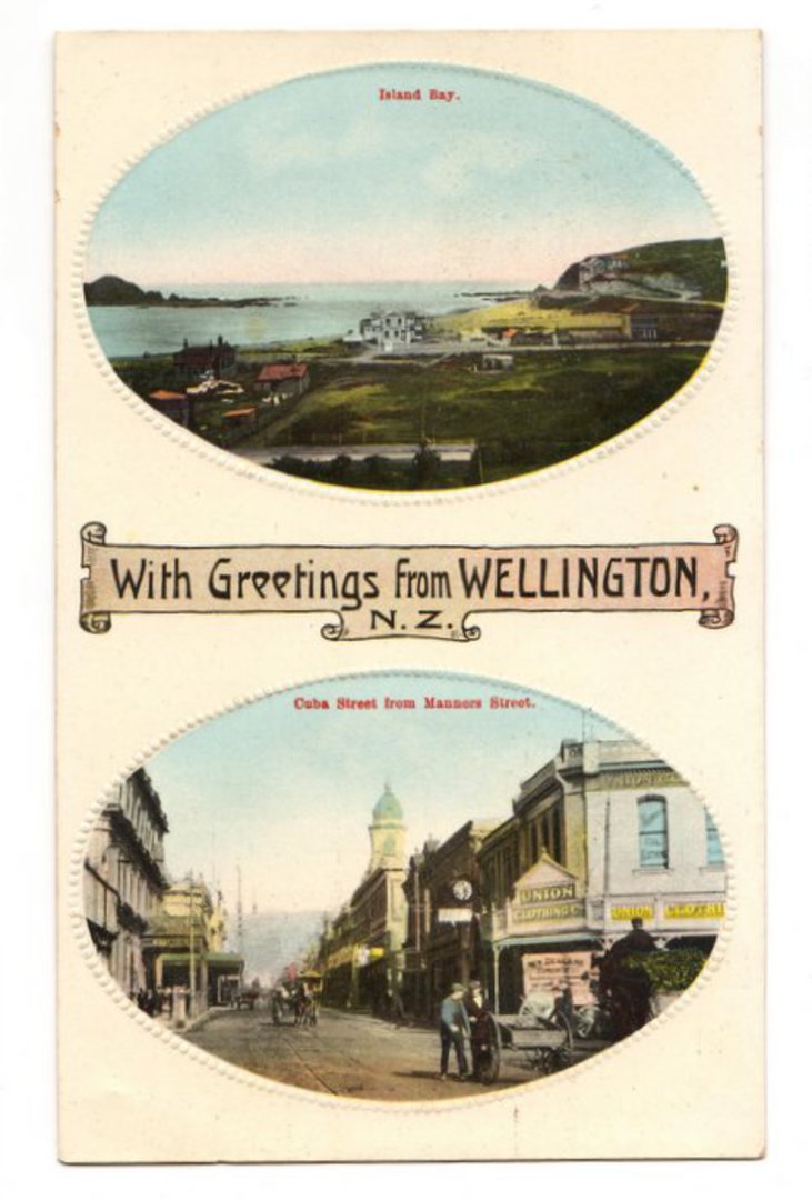 Coloured postcard. Two views. Island Bay and Cuba Street. Greetings card. - 247374 - Postcard image 0