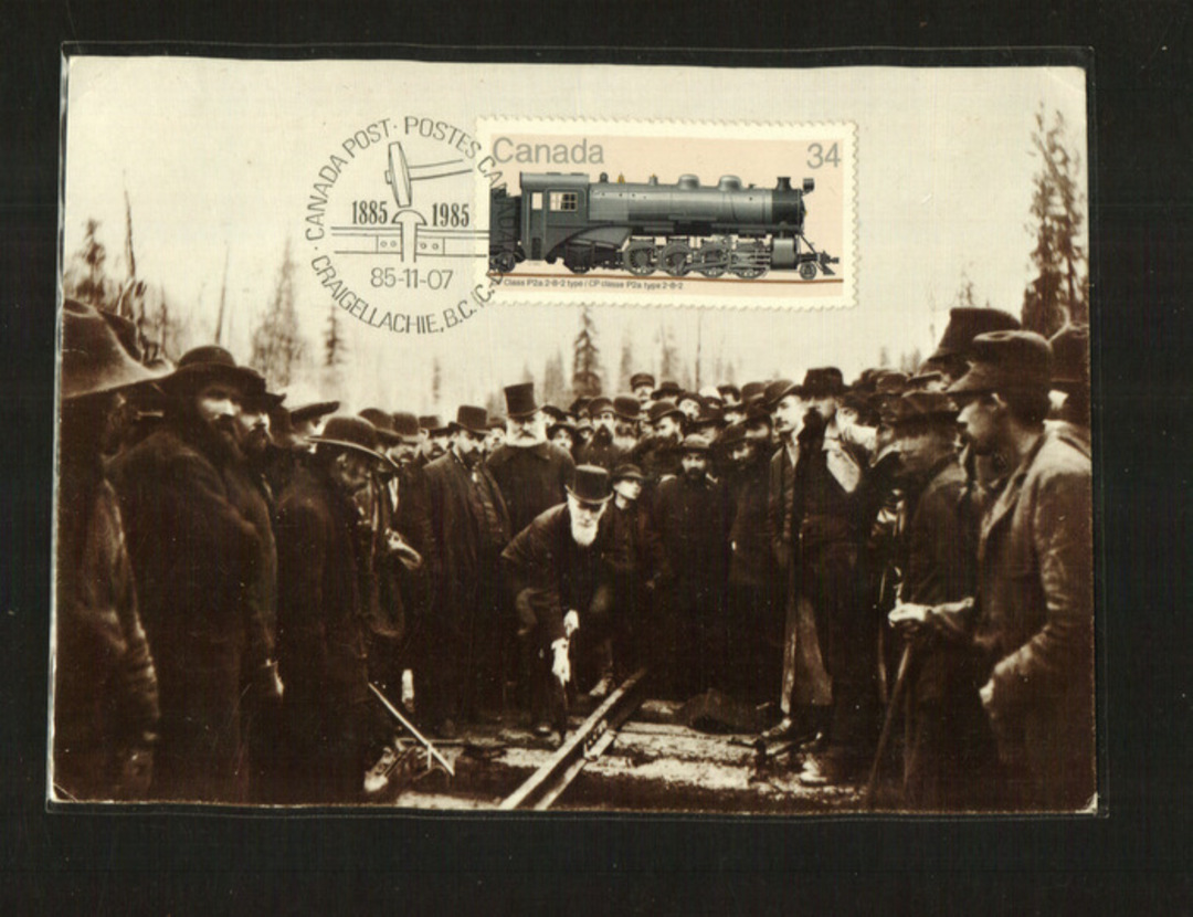 CANADA 1985 Reprint of postcard of the driving of the last spike in the coast to coast railway (in 1885). - 40572 - Postcard image 0