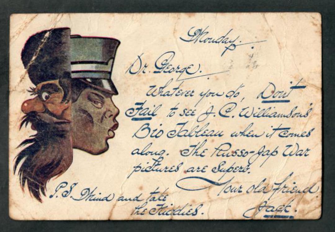 Early Undivided Coloured postcard 1905 of an advertising card for J C Williamson's Circus. Refers to the Russo-Japanese War. Fea image 0