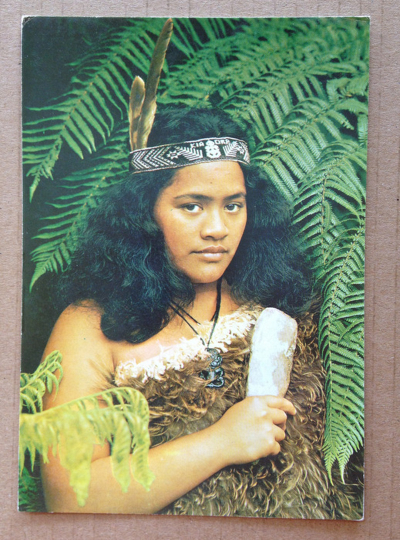 Coloured postcard of Maori Girl in Kiwi Feather Cloak. - 449593 - Postcard image 0