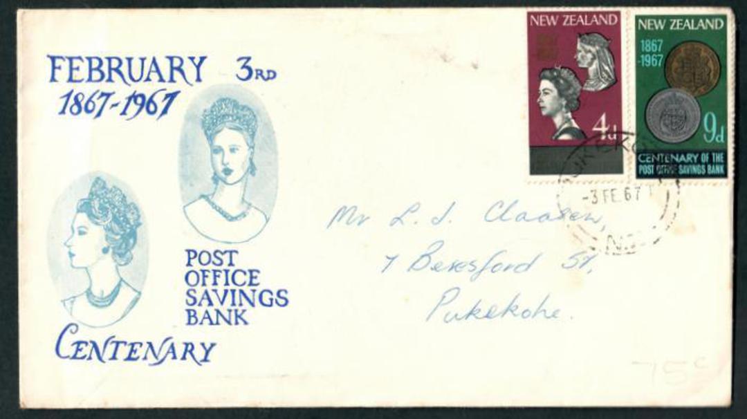 NEW ZEALAND 1967 Centenary of the Post Office Savings Bank. Set of 2 on illustrated first day cover. Not listed by the Jones cat image 0