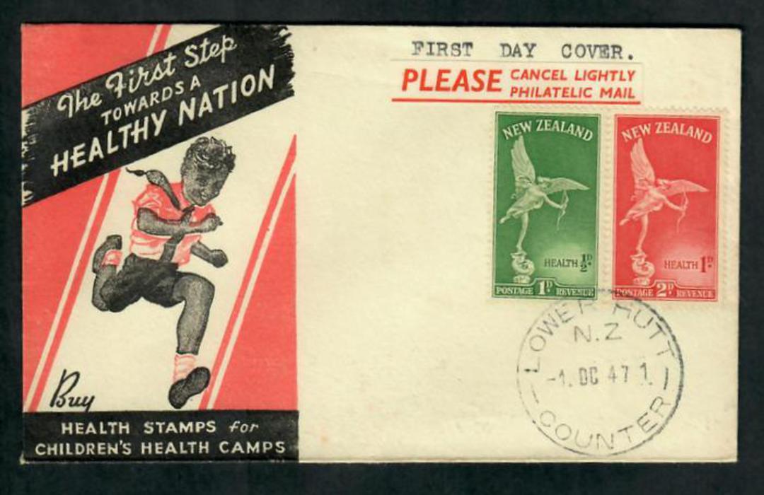 NEW ZEALAND 1947 Health. Set of 2 on first day cover. Postmark LOWER HUTT COUNTER. With little label "Please cancel lightly..... image 0