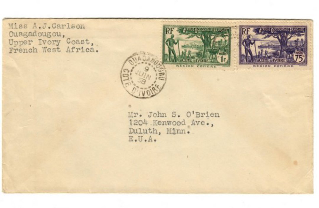 IVORY COAST 1938  Letter from Ouagadougou to USA. - 37644 - PostalHist image 0