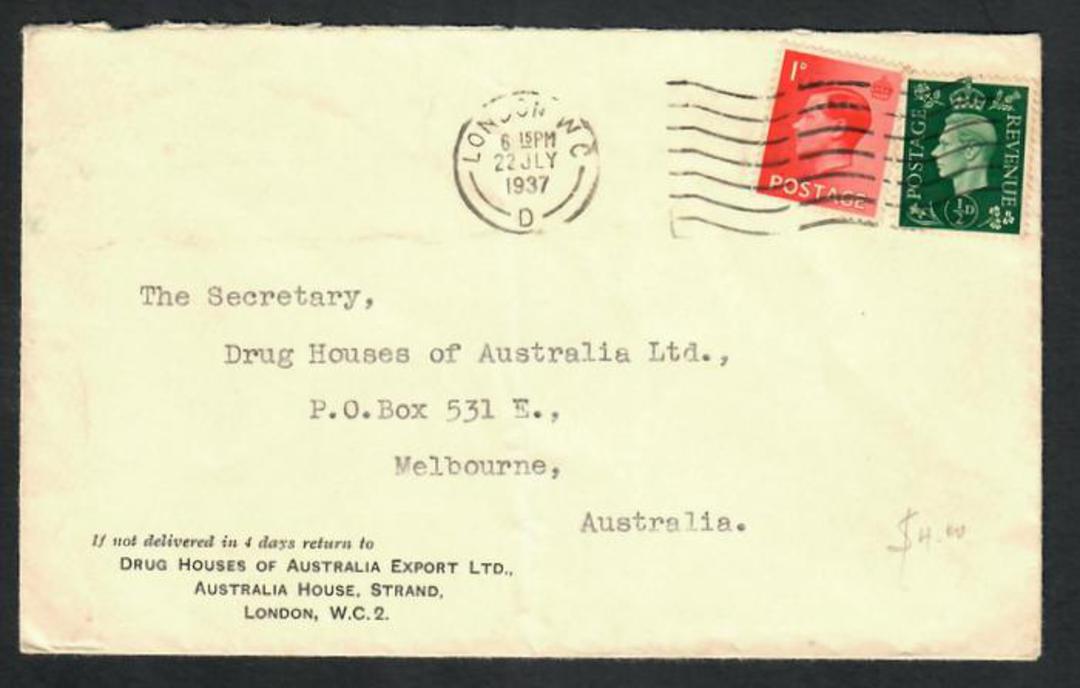 GREAT BRITAIN 1937 Letter to to Austrlai with 1½d Postage. Stamps from two reigns. - 31831 - PostalHist image 0