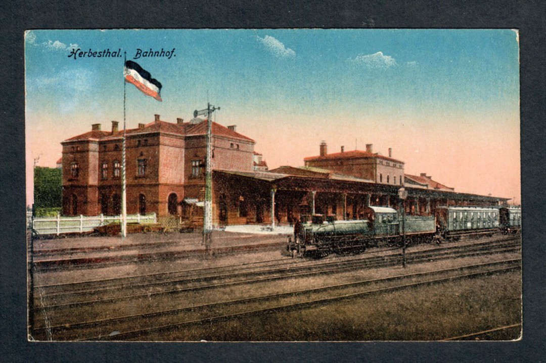 GERMANY Coloured postcard of Herbesthal Bahnhof. Two Red Cross cachets. - 40507 - Postcard image 0
