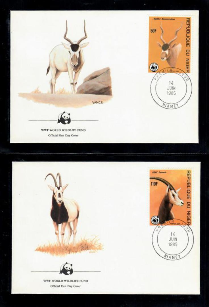 NIGER 1985 World Wildfile Fund. Antelopes. Set of 4 in mint never hinged and on first day covers with 6 pages of official text. image 1