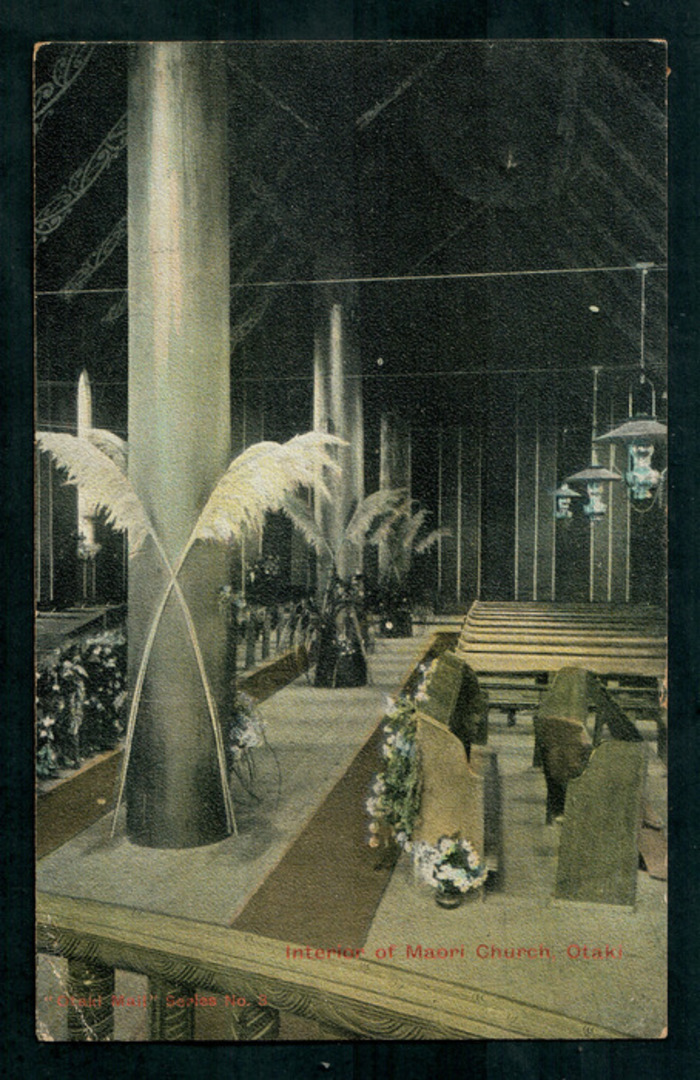 Coloured postcard of the Interior of the Maori Church Otaki. - 47302 - Postcard image 0