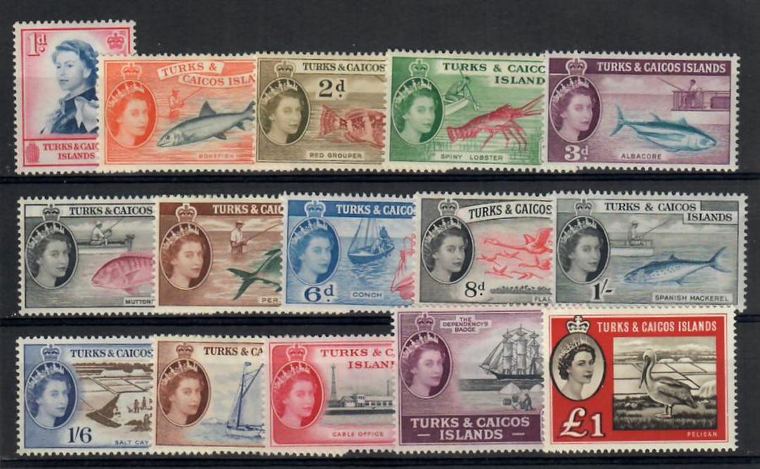TURKS & CAICOS ISLANDS 1957 Elizabeth 2nd Definitives. Set of 15 including SG 253 the £1. All very lightly hinged. - 23018 - LHM image 0