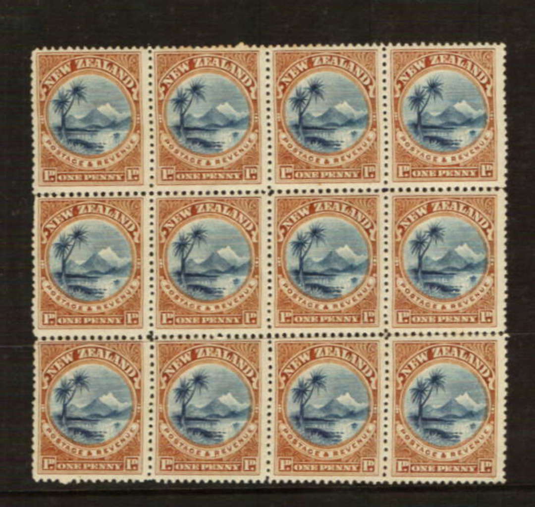 NEW ZEALAND 1898 Pictorial 1d Lake Taupo Blue and Yellow-Brown. Block of 12. CP E2a. London Print. - 37903 - UHM image 0