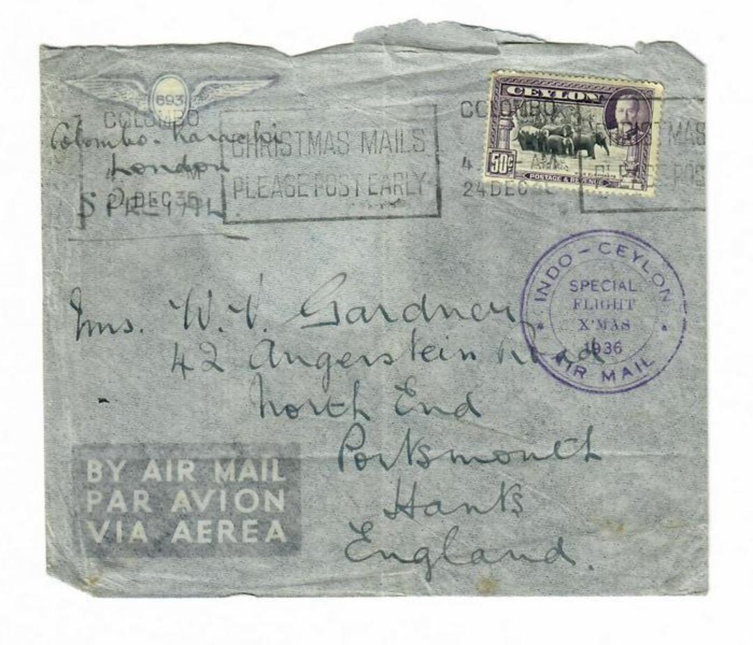 CEYLON 1936 Colombo to Karachi to London Flight Cover . Cachet INDO--CEYLON SPECIAL FLIGHT X"MAS AIRMAIL in purple. Front. - 301 image 0