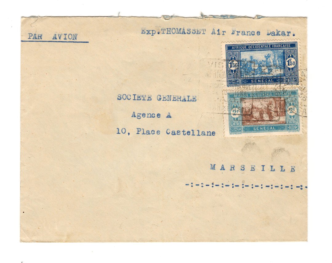 SENEGAL 1936 Flight Exp Thomasset Air France from Dakar to Marseille. - 38195 - PostalHist image 0