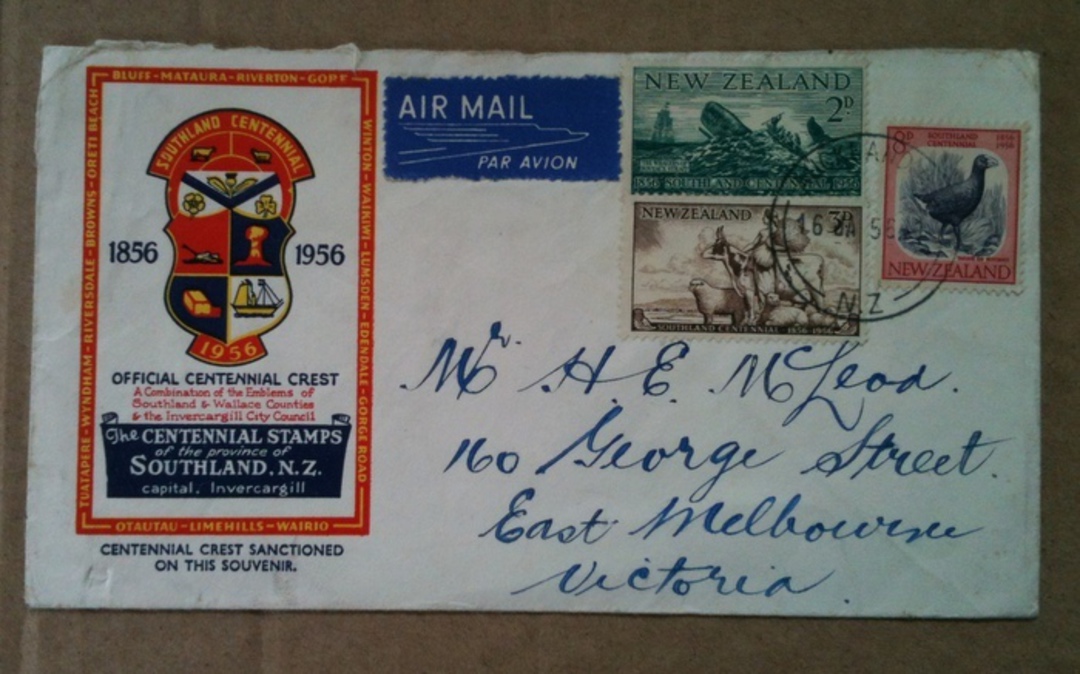 NEW ZEALAND 1956 Centenary of Southland. Set of 3 on first day cover. - 520320 - FDC image 0