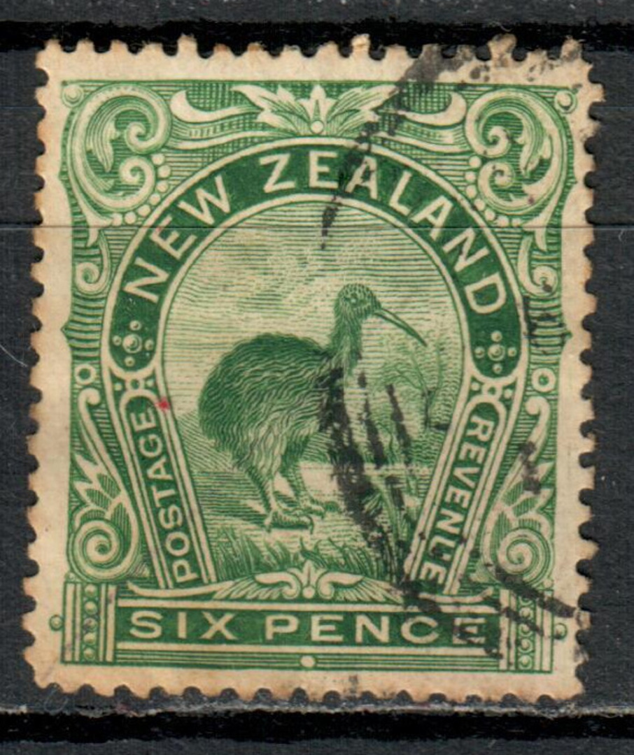 NEW ZEALAND 1898 Pictorial 6d Green Kiwi. London Print. No watermark. Nice copy. A couple of slightly short perfs. - 71610 - FU image 0