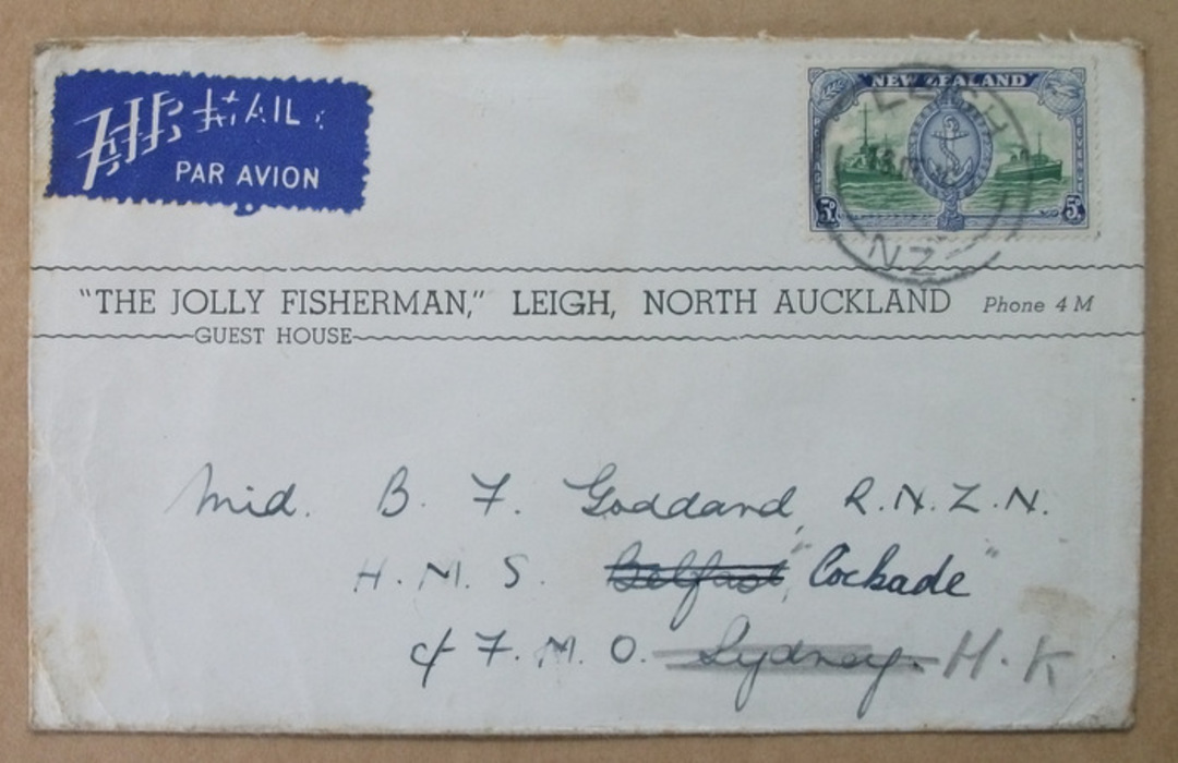 NEW ZEALAND 1946 Cover from the Jolly Fisherman Guest House Leigh North Auckland. Addressed to HMS Belfast and redirected to HMS image 0