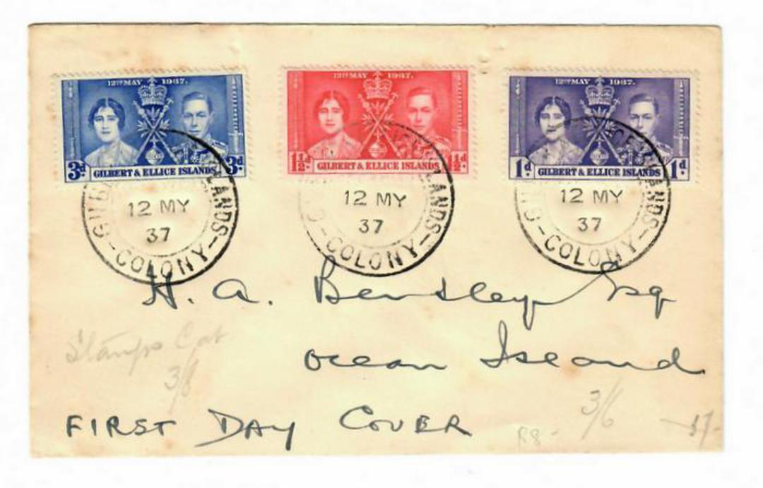 GILBERT & ELLICE ISLANDS 1937 Coronation. Set of 3 on first day cover. Addressed to Ocean Island. - 30562 - PostalHist image 0