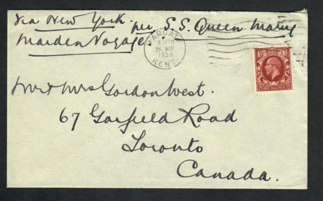 GREAT BRITAIN 1936 Letter with Geo 5th 1½d definitive from Margate Kent to Canada. Via New York S S Queen Mary Maiden Voyage. - image 0