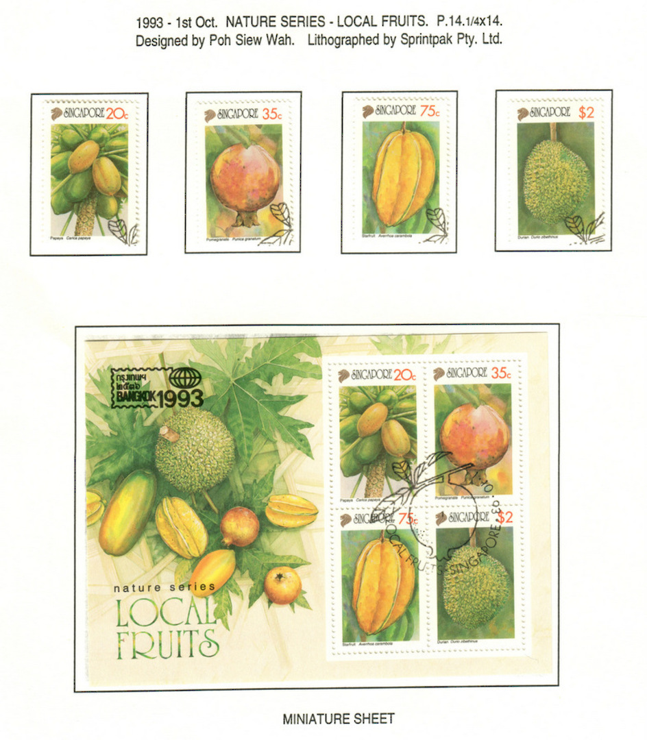 SINGAPORE 1993 Bangkok '93 International Stamp Exhibition. Fruits. Set of 4 and miniature sheet. - 59639 - VFU image 0