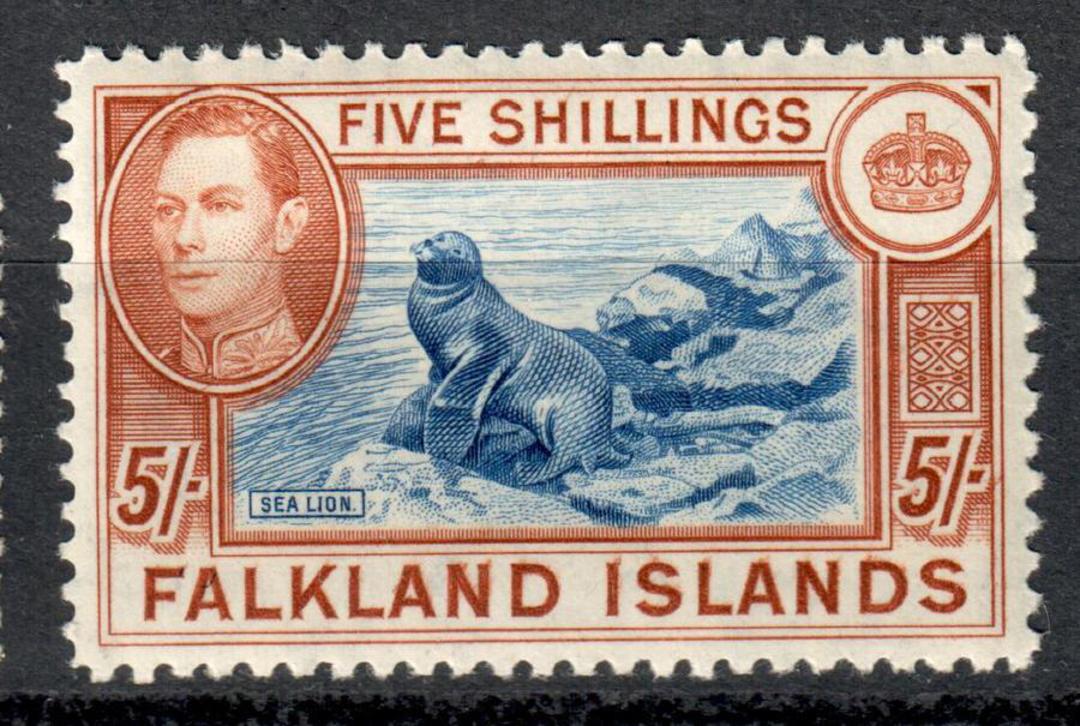 FALKLAND ISLANDS 1938 Geo 6th Definitive 5/- Blue and Chestnut. - 6939 - LHM image 0