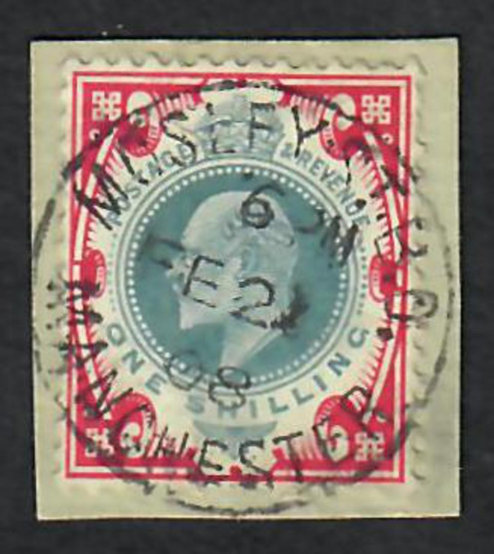 GREAT BRITAIN 1902 1/- Dull Green & Carmine on piece with complete MOSLEY ST MANCHESTER cds 21/2/08. Very nice. - 70357 - FU image 0