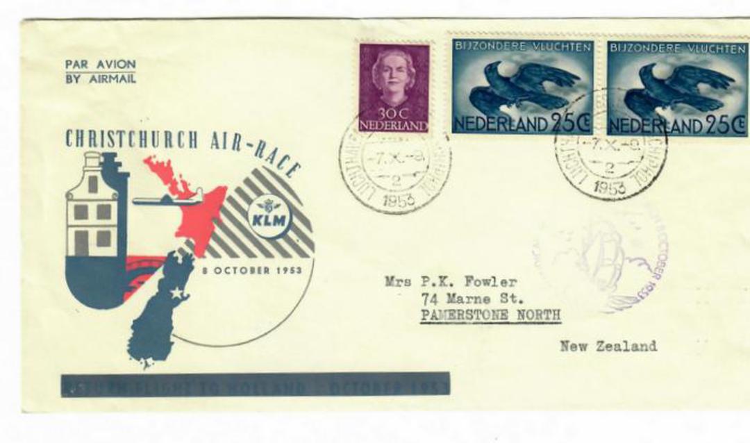 NETHERLANDS 1953 Flight cover. Air Race to Christchurch New Zealand. Purple cachet. - 30186 - PostalHist image 0