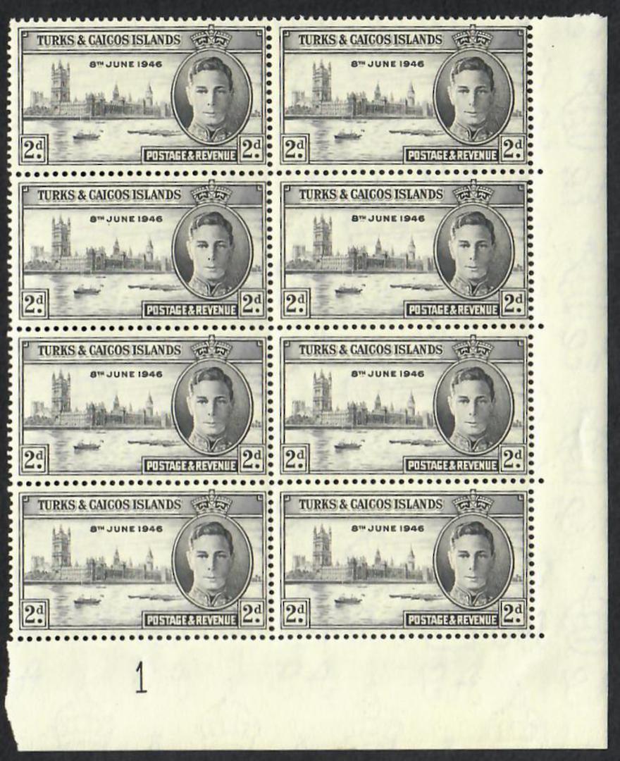 TURKS & CAICOS ISLANDS 1946 Victory. Set of 2 in Plate Blocks of 8. Very lightly hinged. - 23015 - LHM image 0