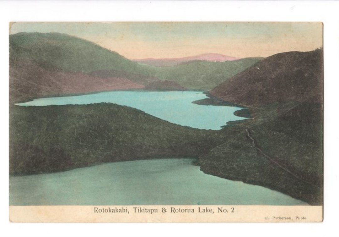 Coloured postcard of Rotokakahi and Tikitapu. - 46257 - Postcard image 0