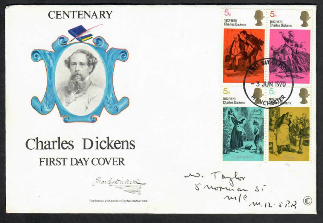 GREAT BRITAIN 1970 Centenary of the Death of Charles Dickens. Block of 4 on first day cover. - 530344 - FDC image 0
