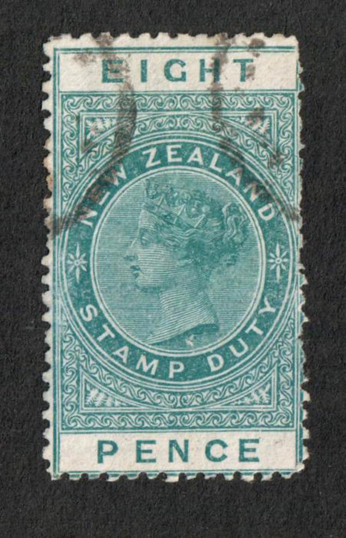 NEW ZEALAND 1880 Victoria 1st Long Type Fiscal 8d Green with superb corner circular date stamp. Small pinhole. - 39228 - VFU image 0