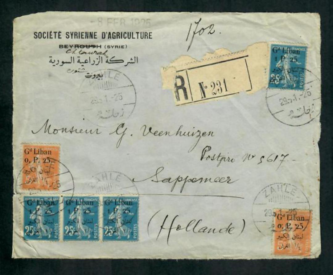 GREATER LEBANON 1925 Registered cover from Syria to Holland. See notes in SG. Front only. - 31261 - PostalHist image 0
