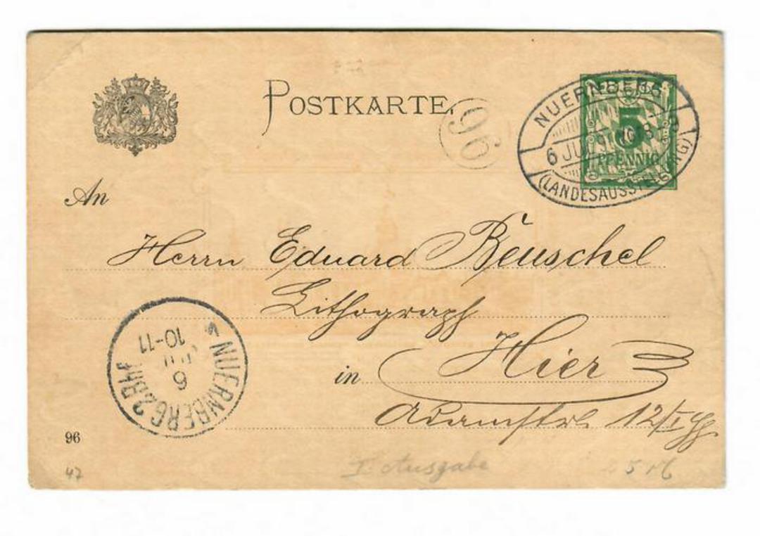 BAVARIA 1896 National Exhibition Nuremburg. Postcard with Exhibition postmark and receiveing mark NUERNBERG. From the collection image 0
