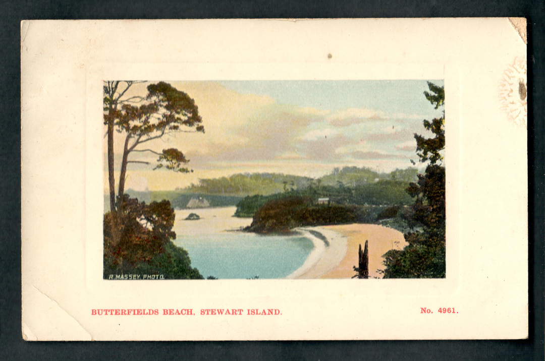 Coloured postcard of Butterfields Beach Stewart Island. - 49396 - Postcard image 0
