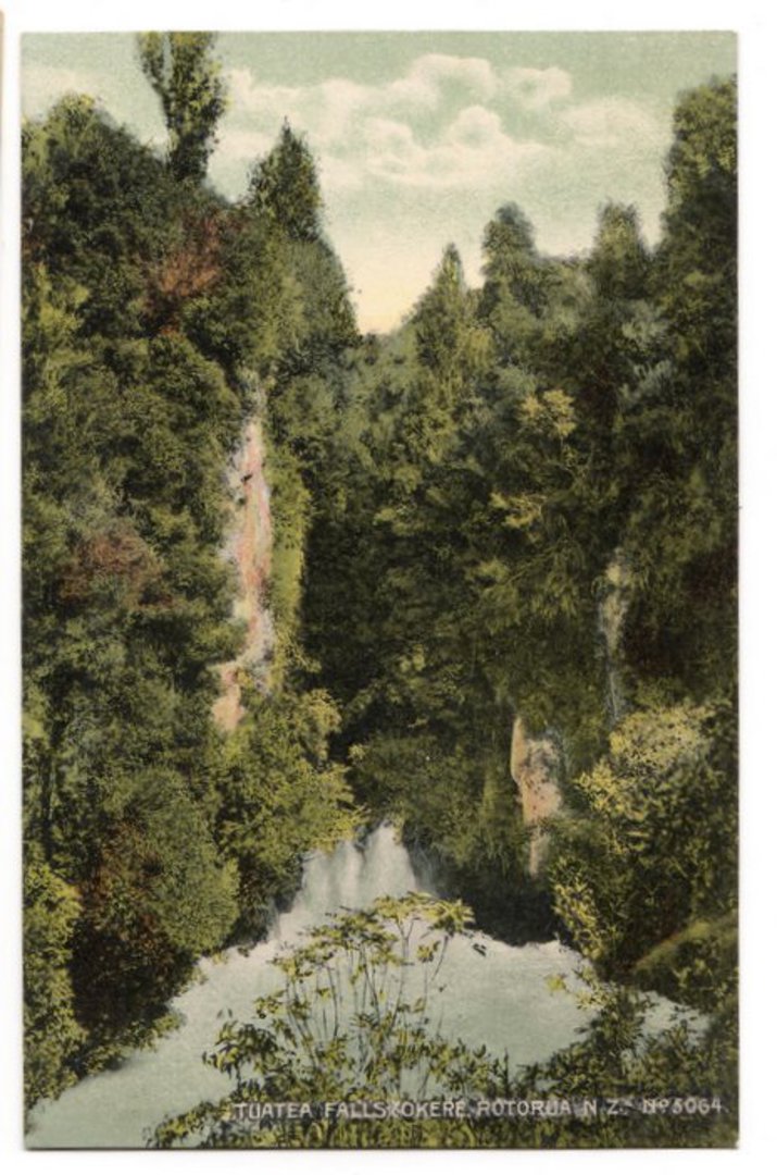 Coloured postcard of Tuatea Falls Okere Rotorua. - 45905 - Postcard image 0