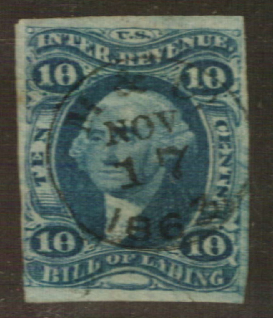 USA 1862 Bill of Lading 10 Blue. Imperf. Just touching lower left otherwise superb margins. - 76103 - VFU image 0