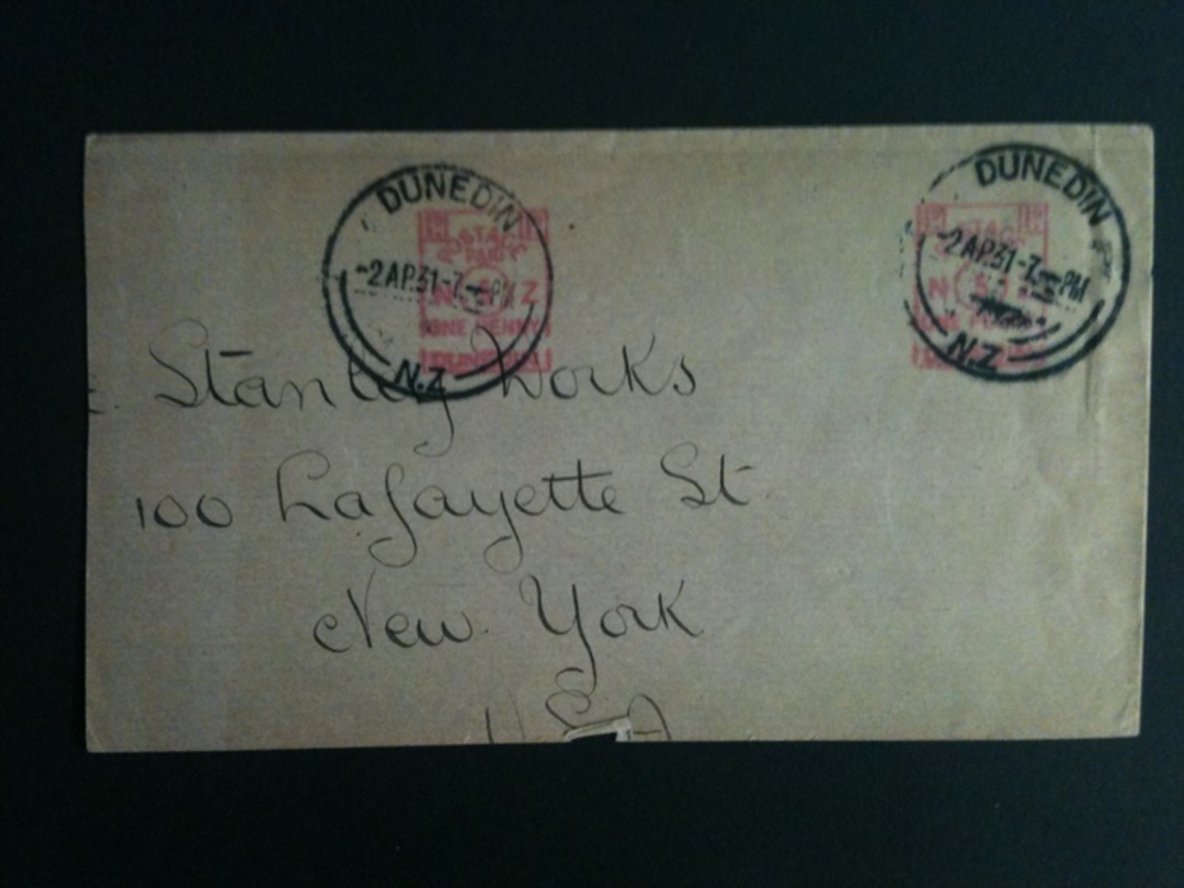 NEW ZEALAND 1931 Letter to Stanley Work's New York with two Postage Paid Dunedin 1d Meter Marks each clearly cancelled by a C Cl image 0