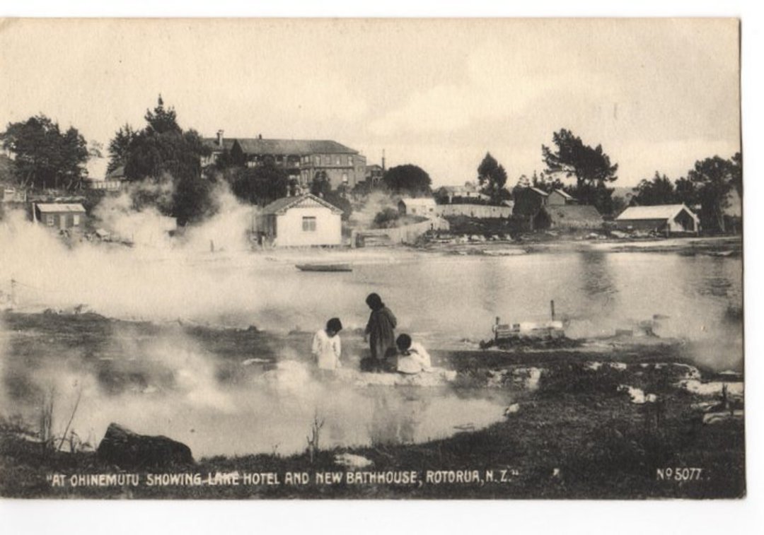 Postcard of Ohinemutu showing Lake Hotel and New Bathhouse. - 245919 - Postcard image 0