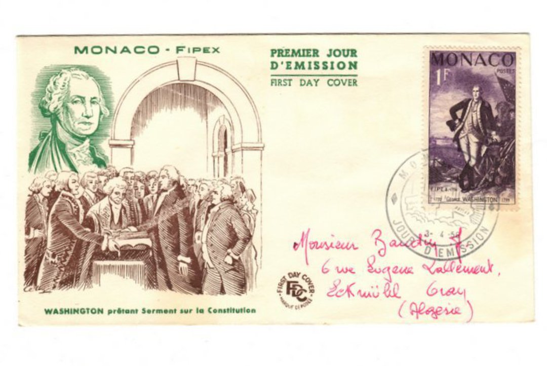 MONACO 1956 Fipex International Stamp Exhibition. George Washington on first day cover. - 37844 - FDC image 0