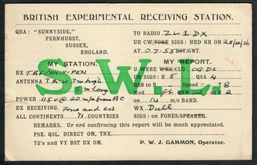 GREAT BRITAIN 1936 QSL card to New Zealand. - 38976 - Postcard image 0