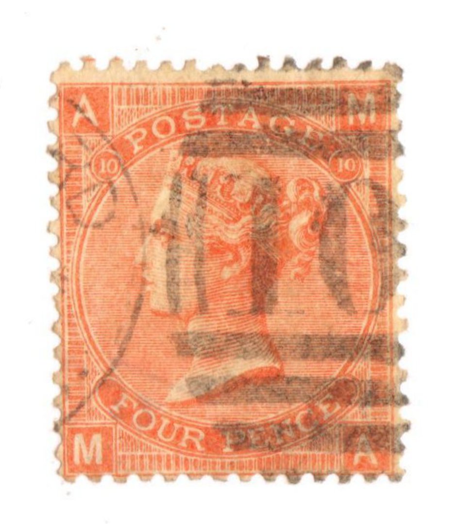GREAT BRITAIN 1865 4d Vermillion. Plate 10. Centred slightly South. Postmark 10 in bars. Sound copy. - 70248 - Used image 0