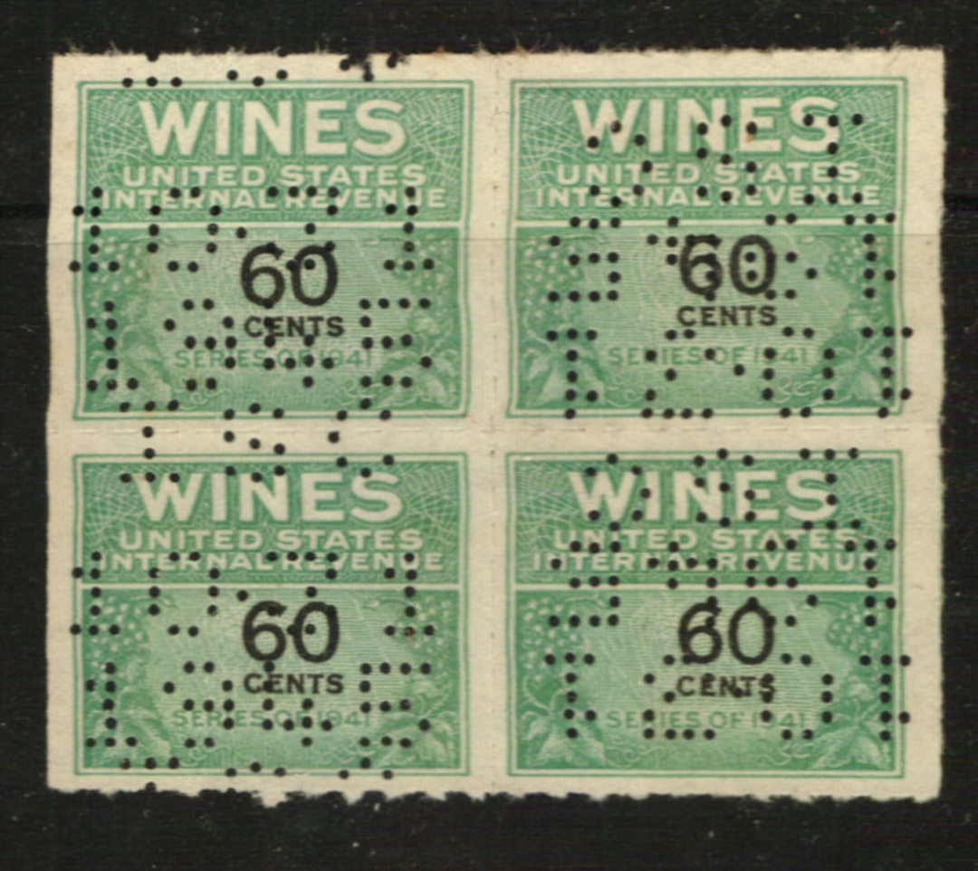 USA 1941 Internal Revenue Wines 60c Green and Black. Perfin. Block of 4. - 76118 - Fiscal image 0