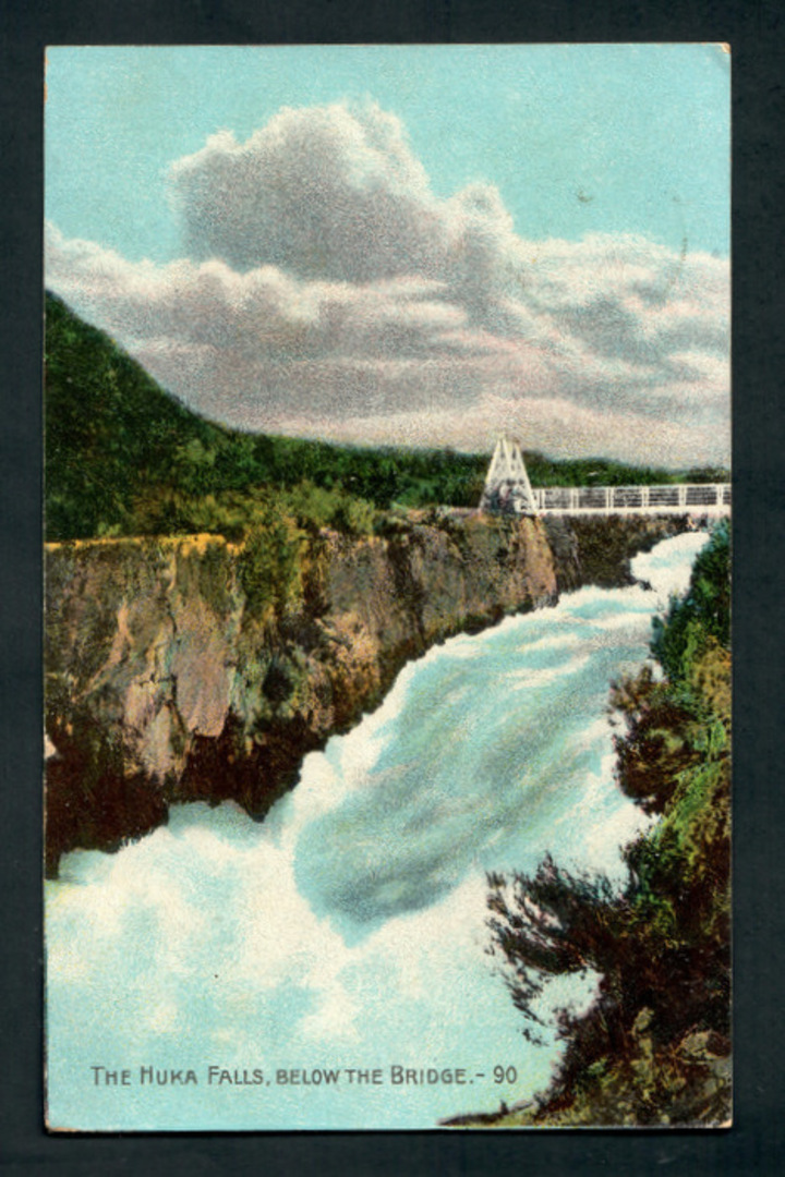 Coloured postcard of The Huka Falls, below the Bridge. - 46702 - Postcard image 0