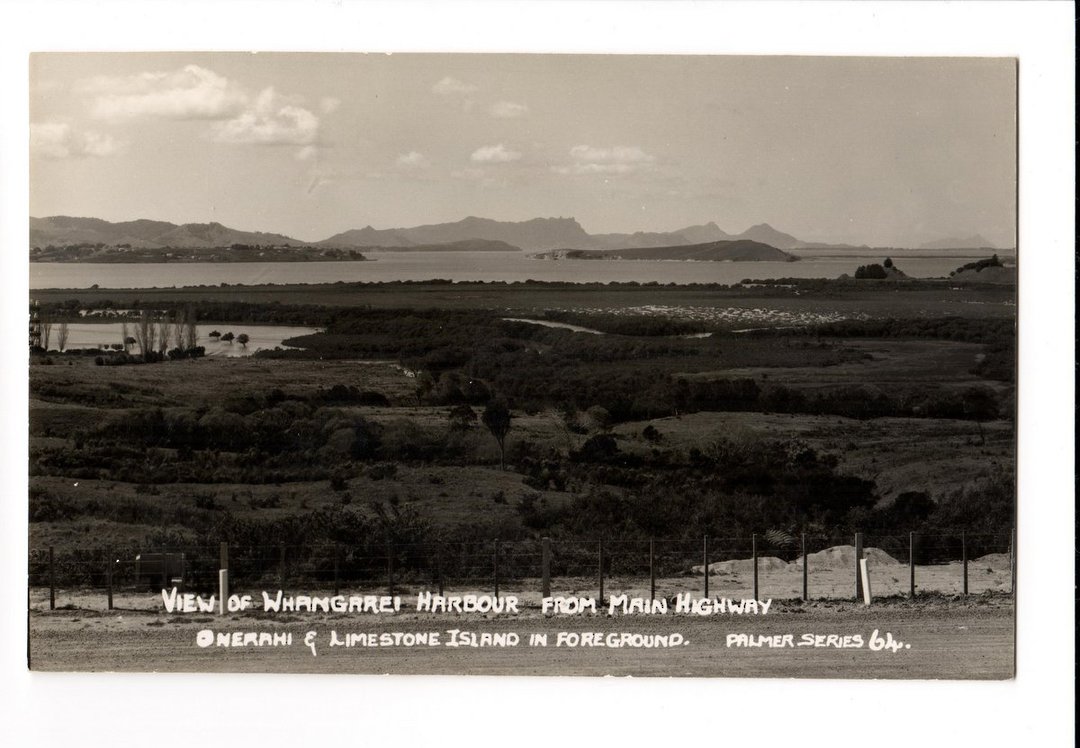 Real Photograph by T G Palmer & Son. View of Whangarei Harbour from the Main Highway. Onerahi and Limestone Island. - 44833 - image 0