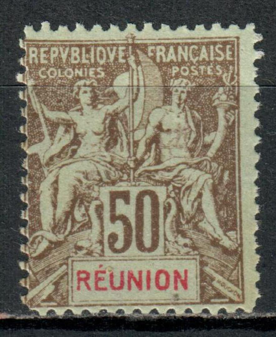 REUNION 1900 Definitive 50c Brown on azure. Off centre. Corner perf blunt but rare in unhinged mint condition. - 71223 - UHM image 0