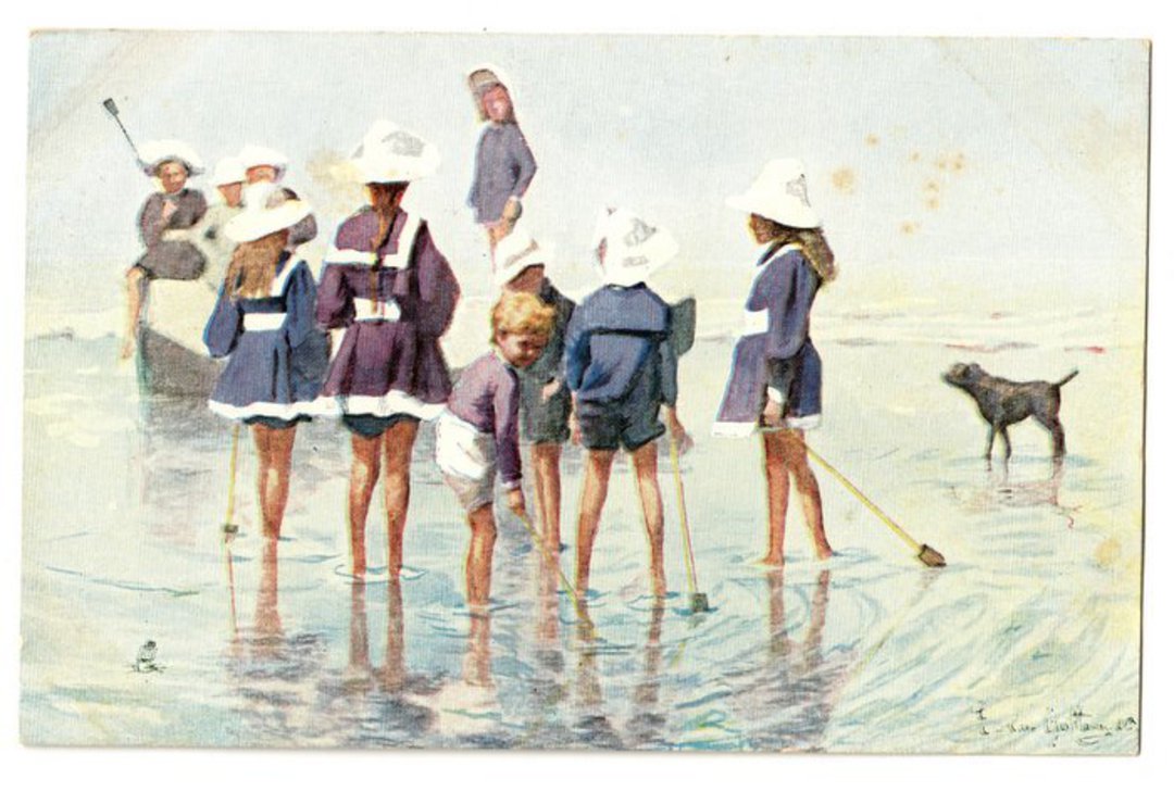 Delightful Art Card by Tuck. After the original drawing by E van Goethan. Paddling. - 43790 - Postcard image 0