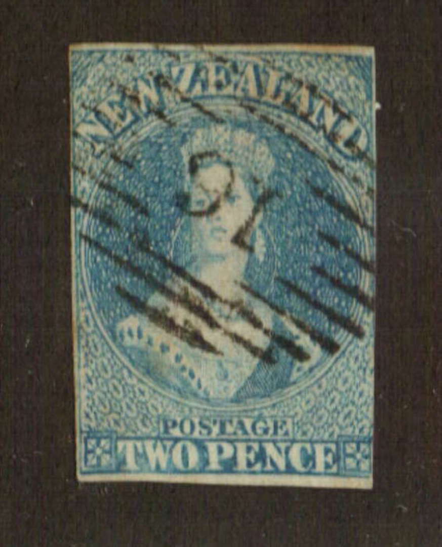 NEW ZEALAND 1855 Full Face Queen 2d Blue. Imperf. No Watermark. Light cancel 16. Three clear margins image 0