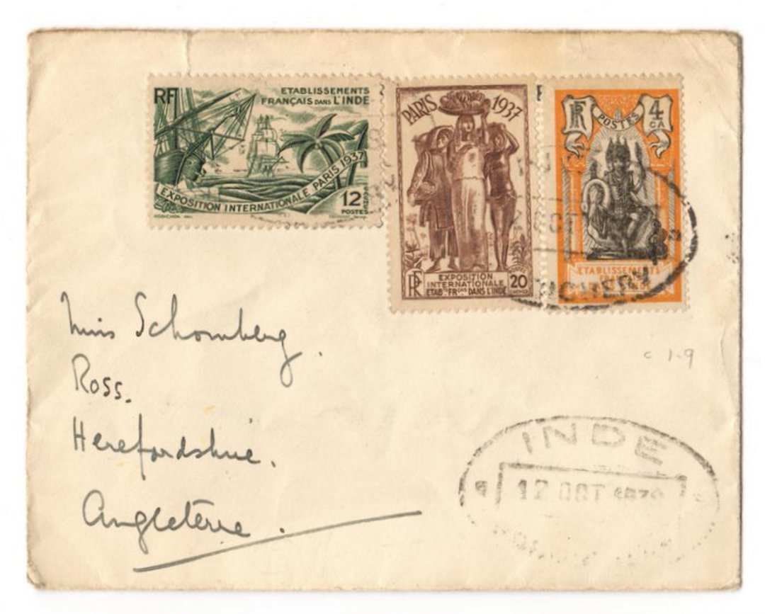 FRENCH INDIAN SETTLEMENTS 1938 Letter from Pondicherry to England. - 37518 - PostalHist image 0